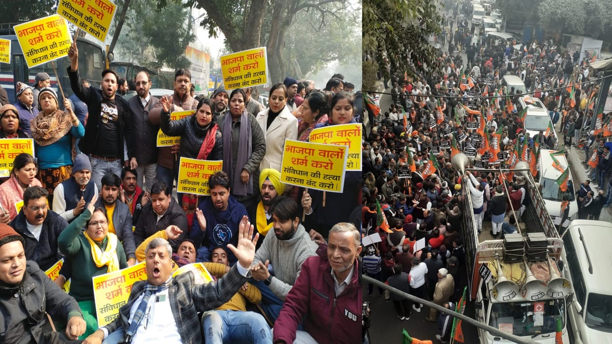 AAP BJP protest against each other in delhi on MCD mayor election irregularities