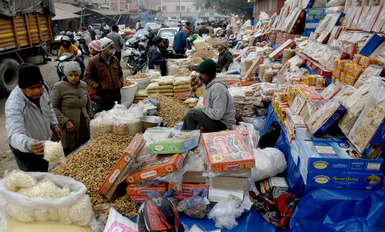 Market decorated on Lohri, there is a lot of demand for gajjak and peanuts