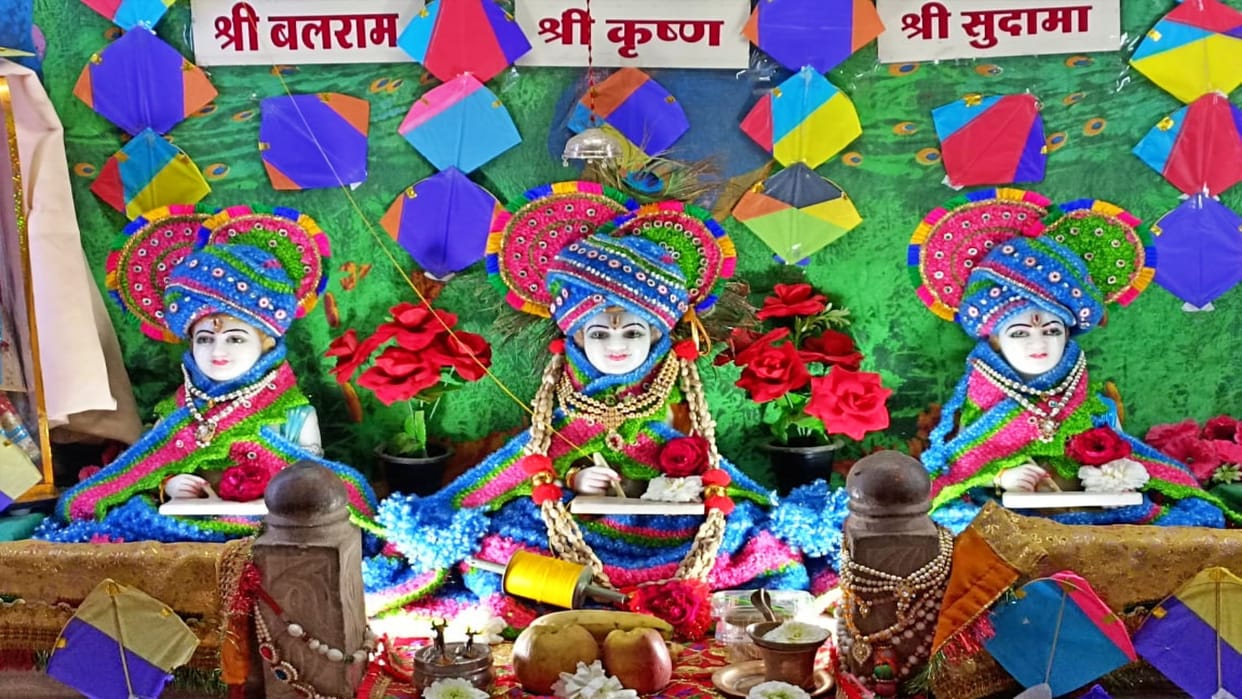 Ujjain Lord Krishna school decorated with kites sesame dishes served