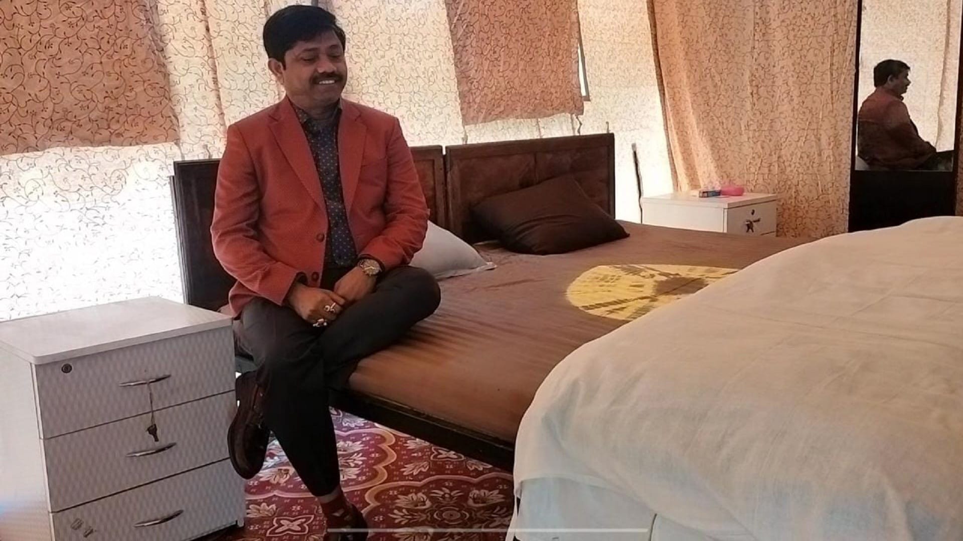 Tent city ready for Magh Mela sit in the lounge of deluxe cottage and see Ganga