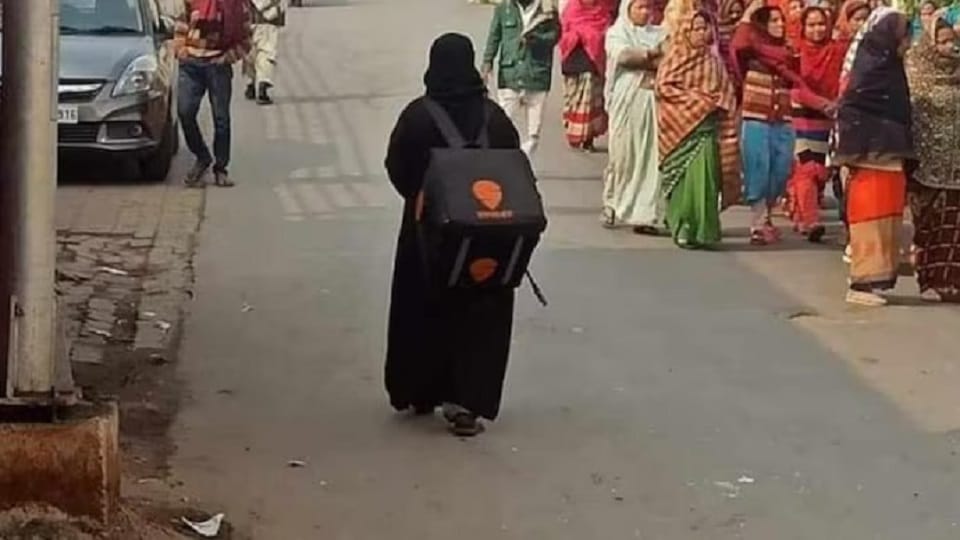 Rizwana burqa-clad woman with a Swiggy bag This is story
