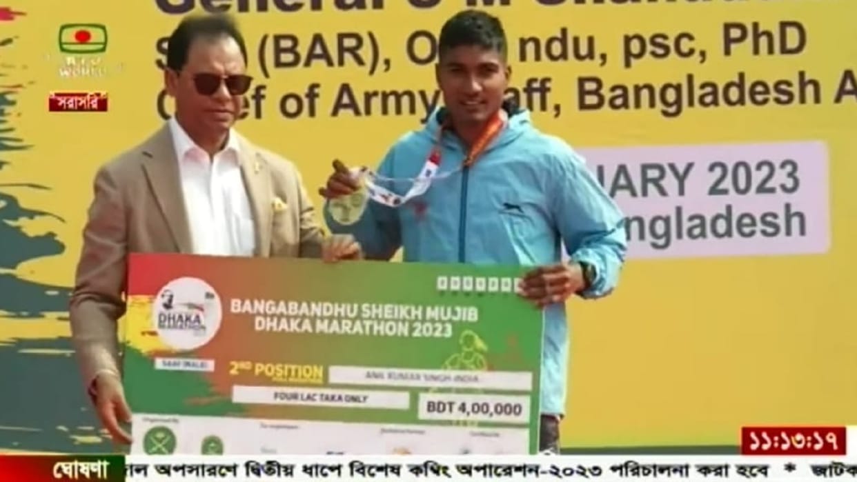 Prayagraj runner Anil Kumar Bangladesh,achieved second place in Dhaka Marathon