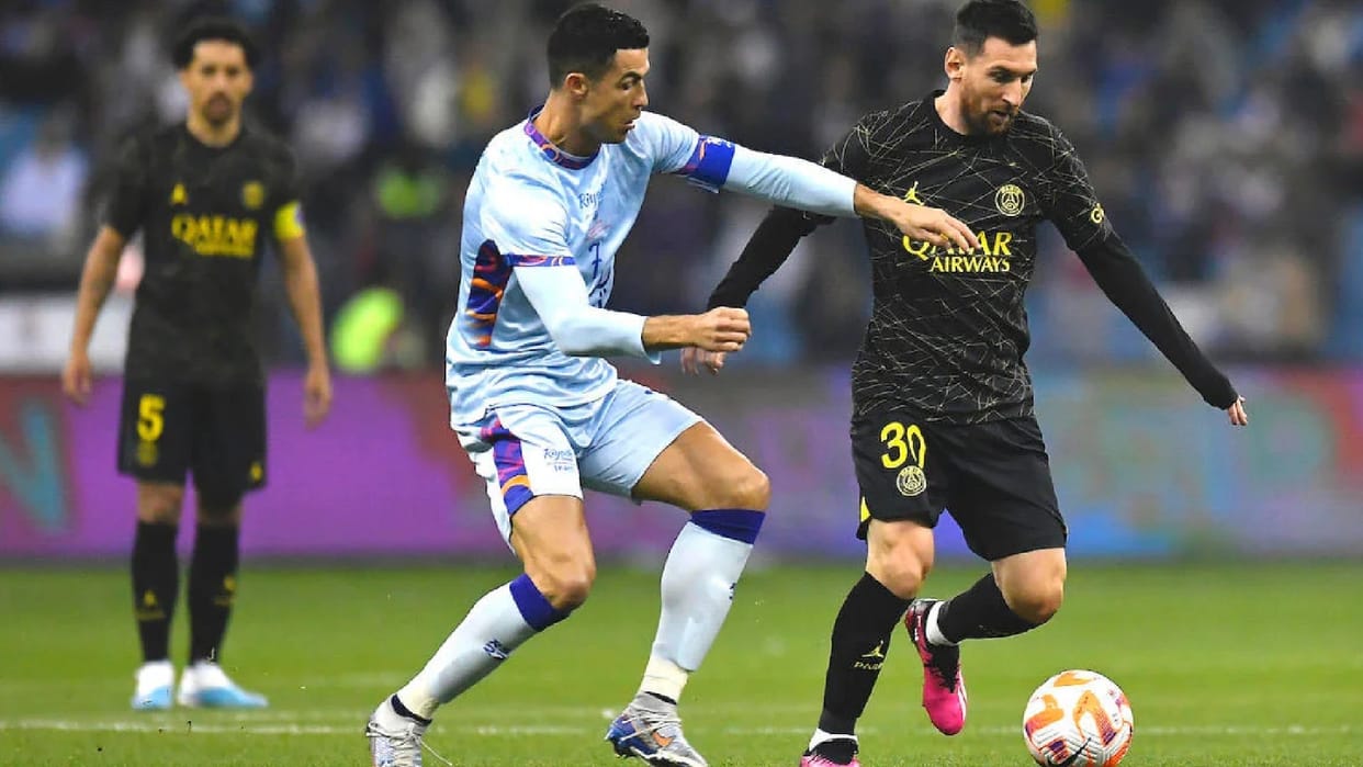 Lionel Messi Paris saint Germain beats Riyad Eleven of cristiano ronaldo mbappe scores with Messi and Ronaldo