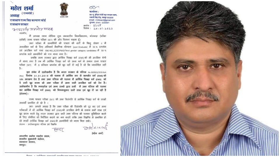 Vipra Welfare Board Chairman Mahesh Sharma wrote a letter to CM Ashok Gehlot on EWS reservation issue