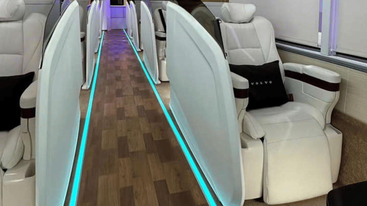 Volvo showcase 9600 luxury bus with recliner seats with kitchen and toilet know price and other details