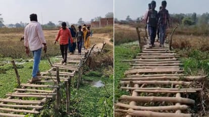 गांव को शहर से जोड़ने के लिए बांस का पुल आसरा है।