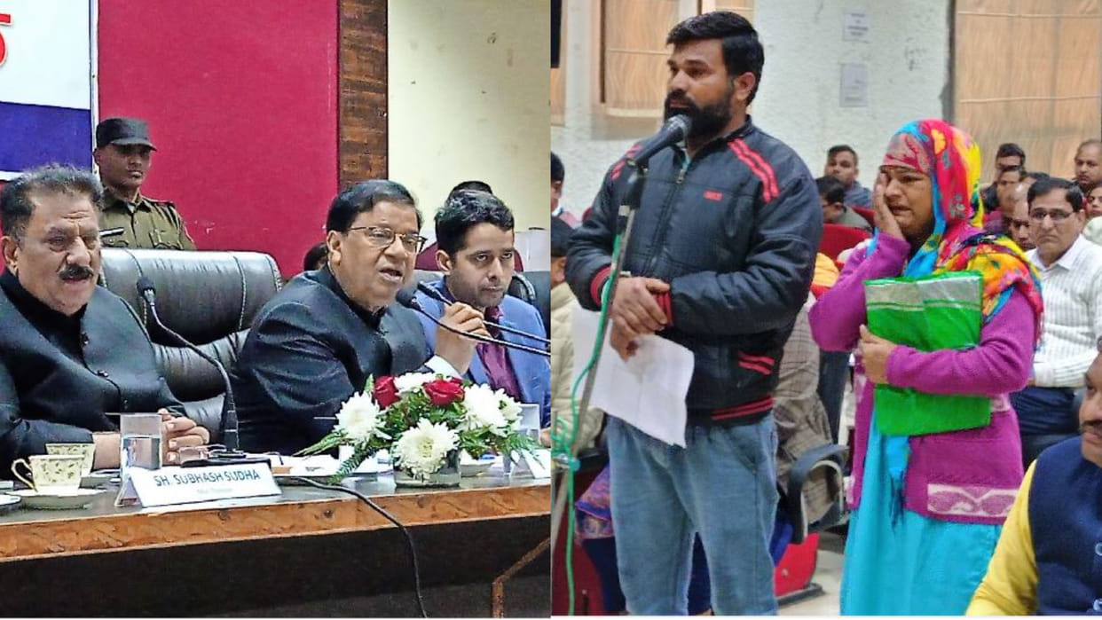 Woman pleading for justice in front of minister in the meeting of the grievance committee in Kurukshetra