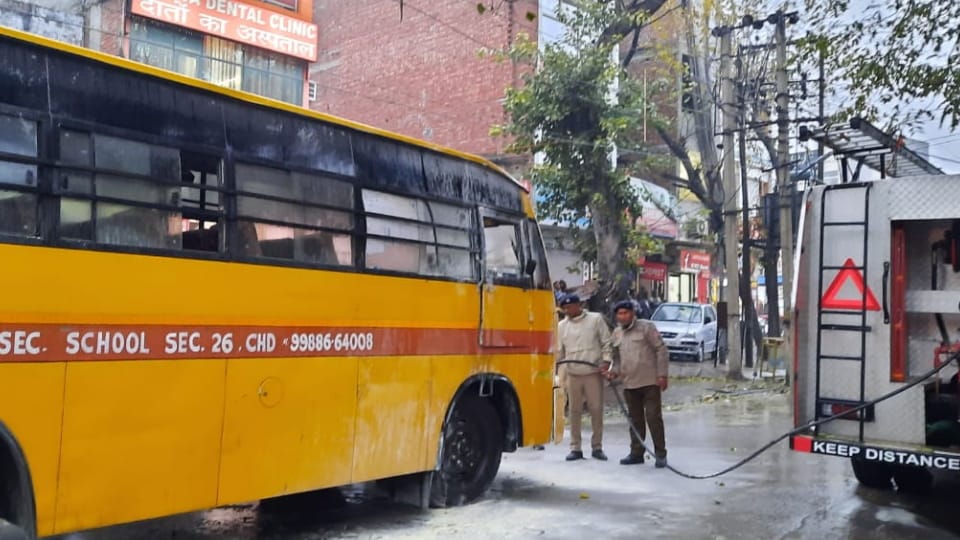 Fire broke out in bus going to drop students of private school located in Sector 26 chandigarh