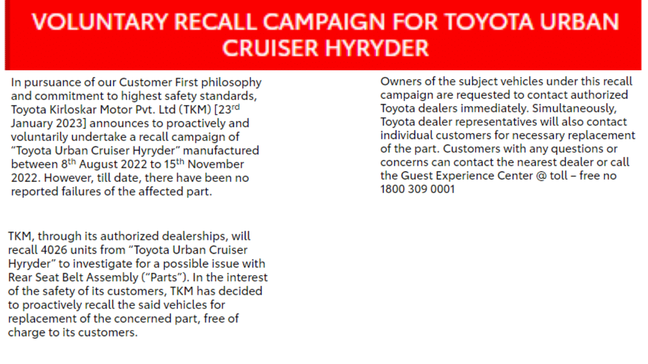 toyota recalls more than four thousand units of mid size SUV urban cruiser hyryder, know full details
