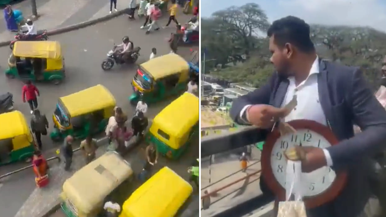 person started doing strange things by climbing on flyover raining notes with both hands Video Viral