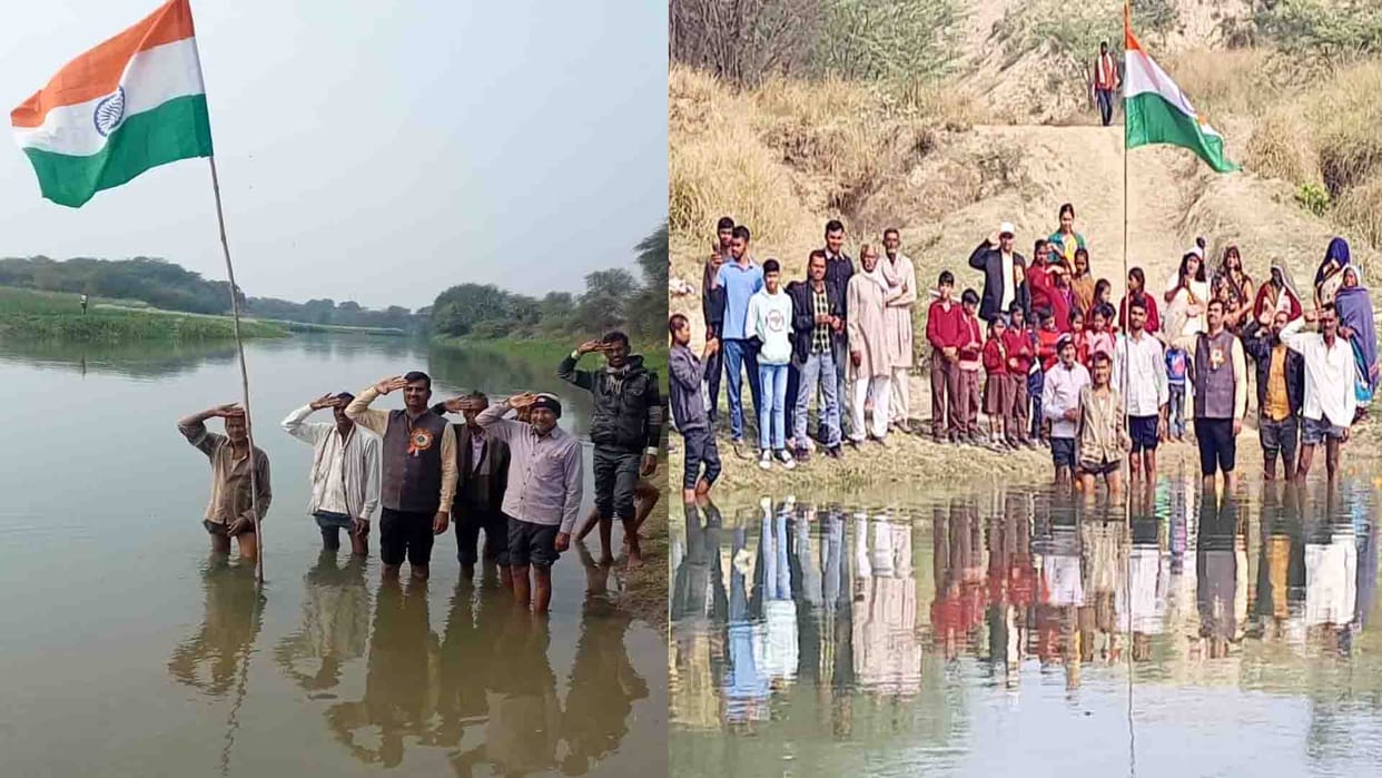 Villagers gathered on banks of Rind river in Bhitargaon, hoisted  tricolor in middle of the flowing stream