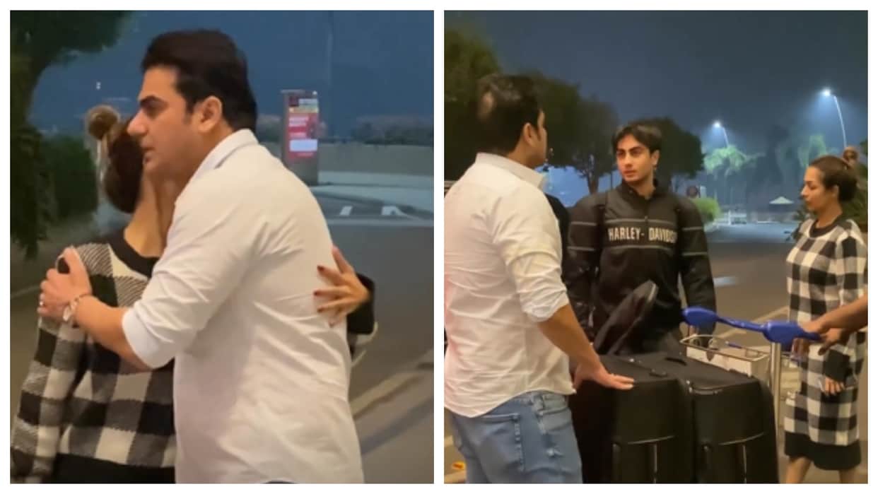 Malaika Arora Came To Drop Son Arhaan With Arbaaz Khan at Mumbai Airport Actress Hugs Ex Husband Video Viral