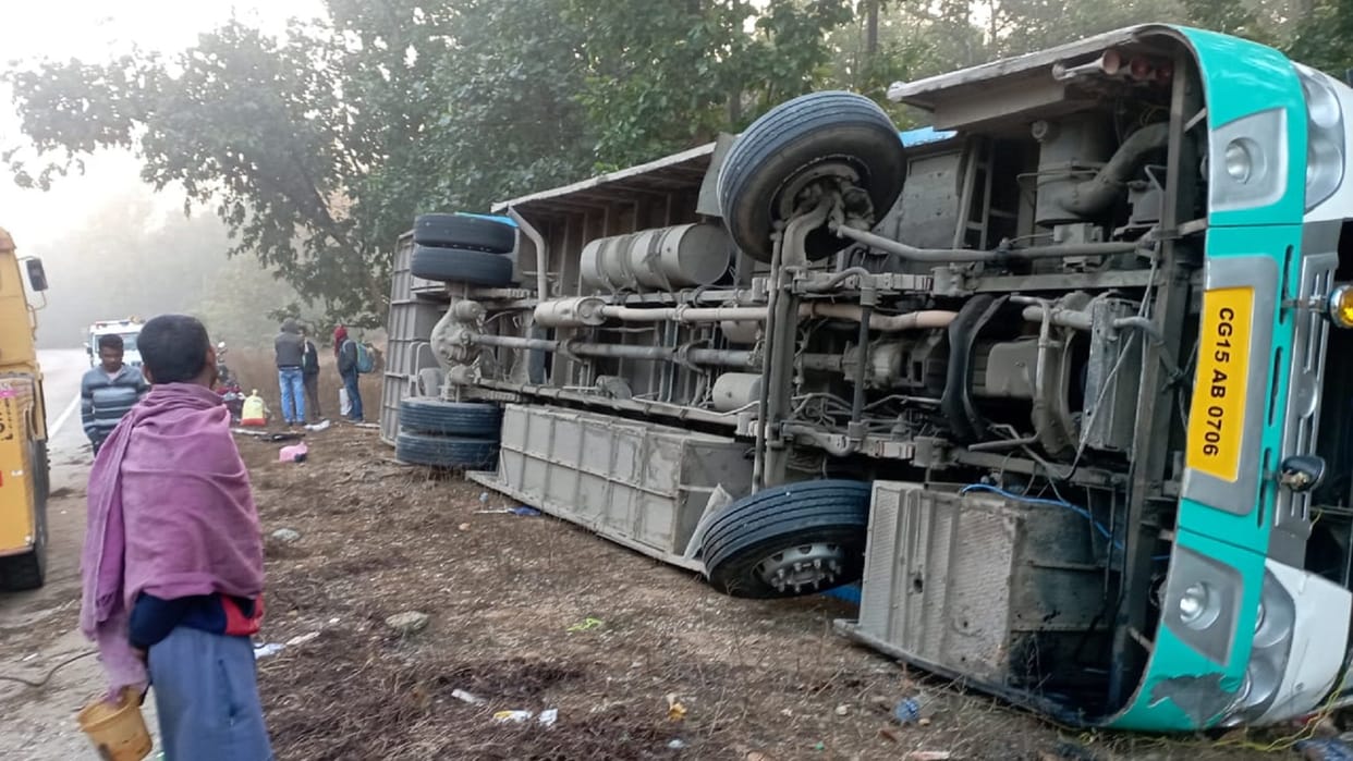 bus coming from bihar overturned after colliding with buffalo in korba