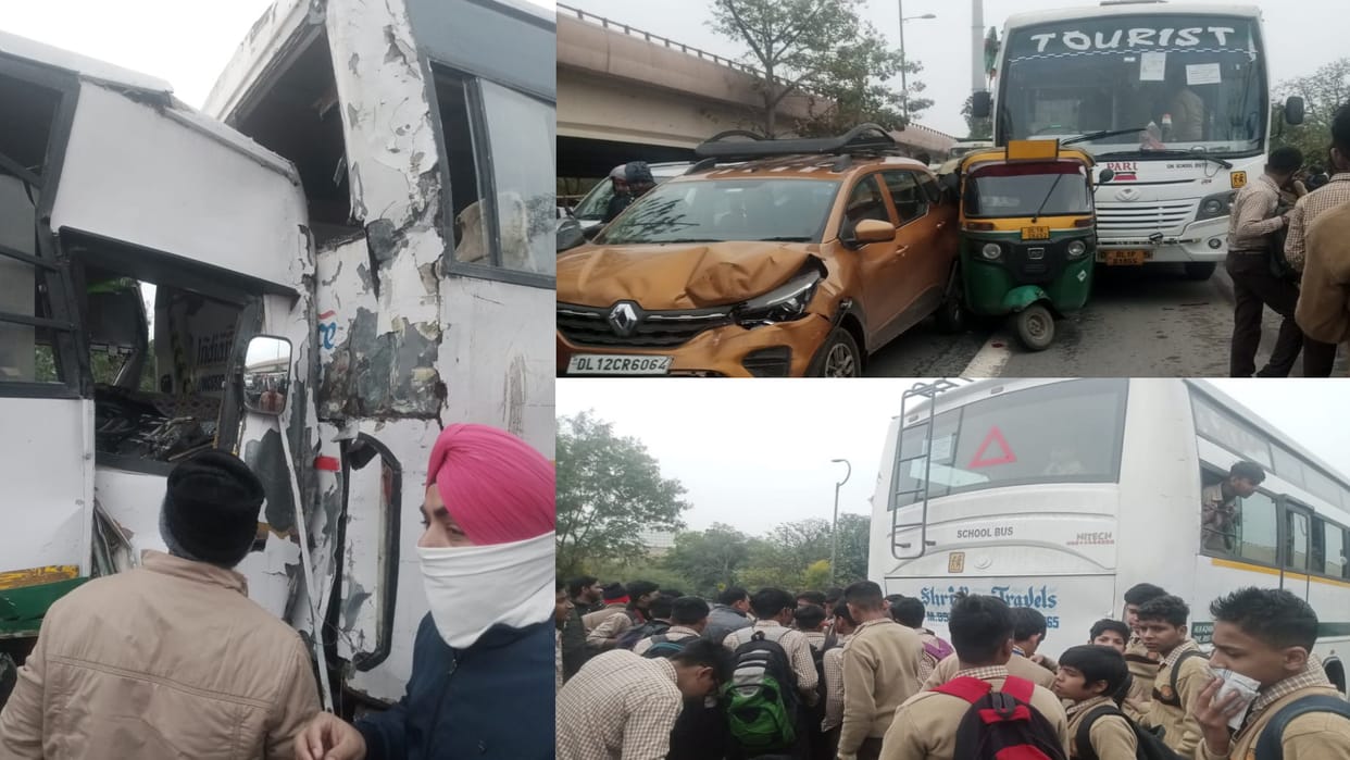 Delhi bus accident 4 school bus collides with each other near igi stadium many injured