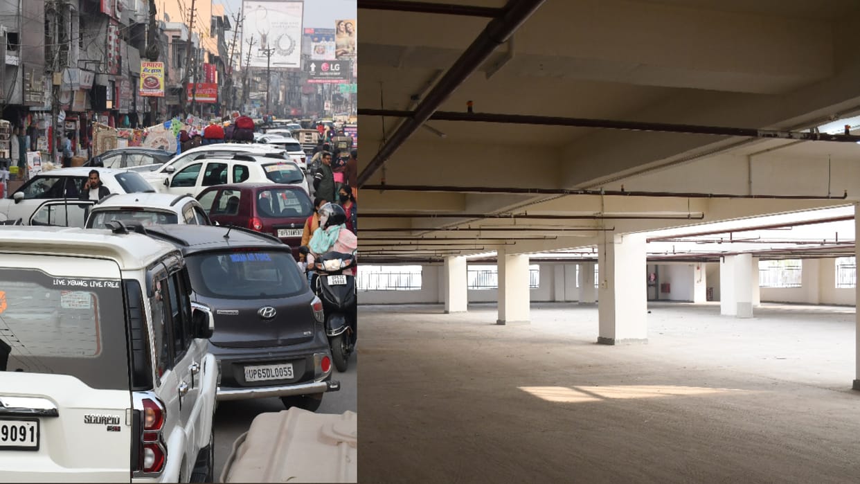 Multilevel parking empty vehicles parked on road jammed in Gorakhpur