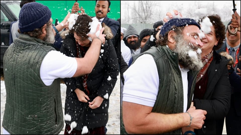 Rahul-Priyankaface blossomed after seeing snowfall in Kashmir, threw snowballs at each other