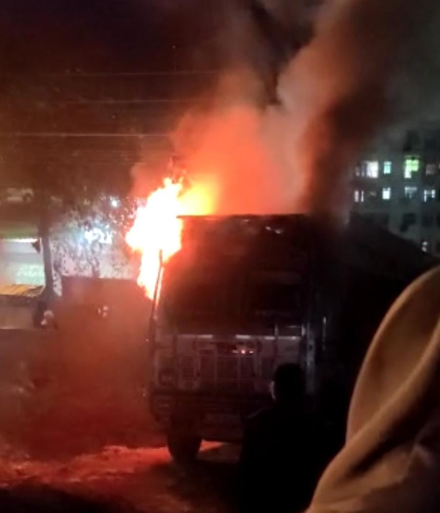 Truck caught fire due to spark during welding, truck burnt in smoke, controlled after hard work