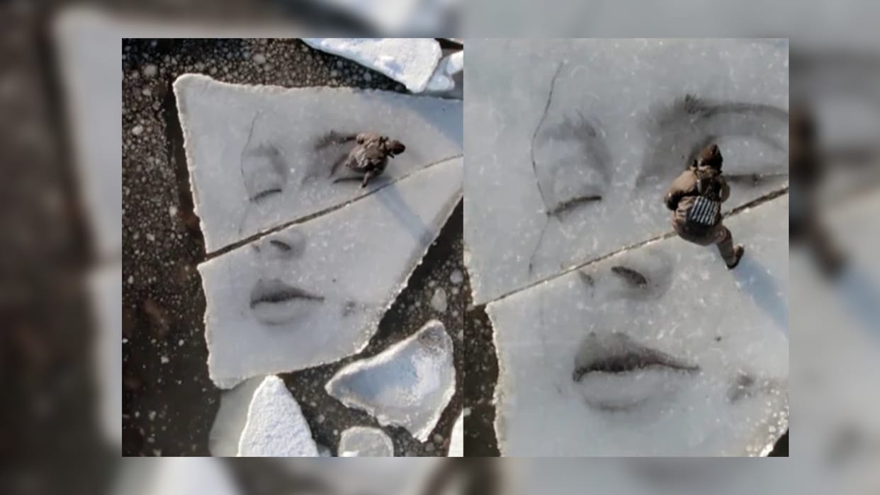 Viral Video: artist creating a portrait on a ice float in southern finland american artist paints portraits