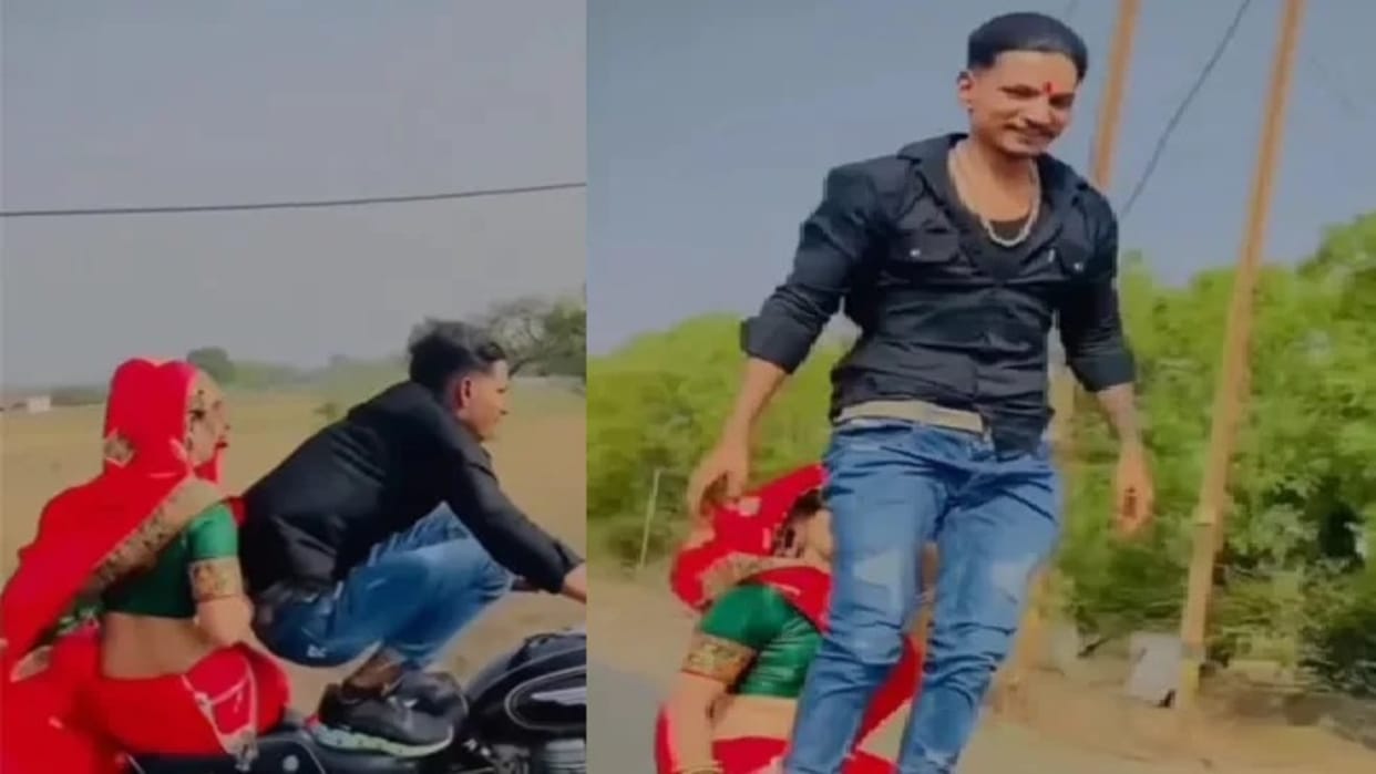 Stunt Viral Video husband stunts on bike with wife watch viral video