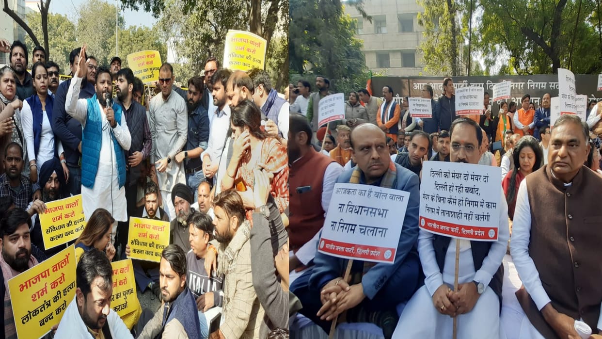 Delhi Mayor Election AAP and BJP protesting against each other on road alleging postponment