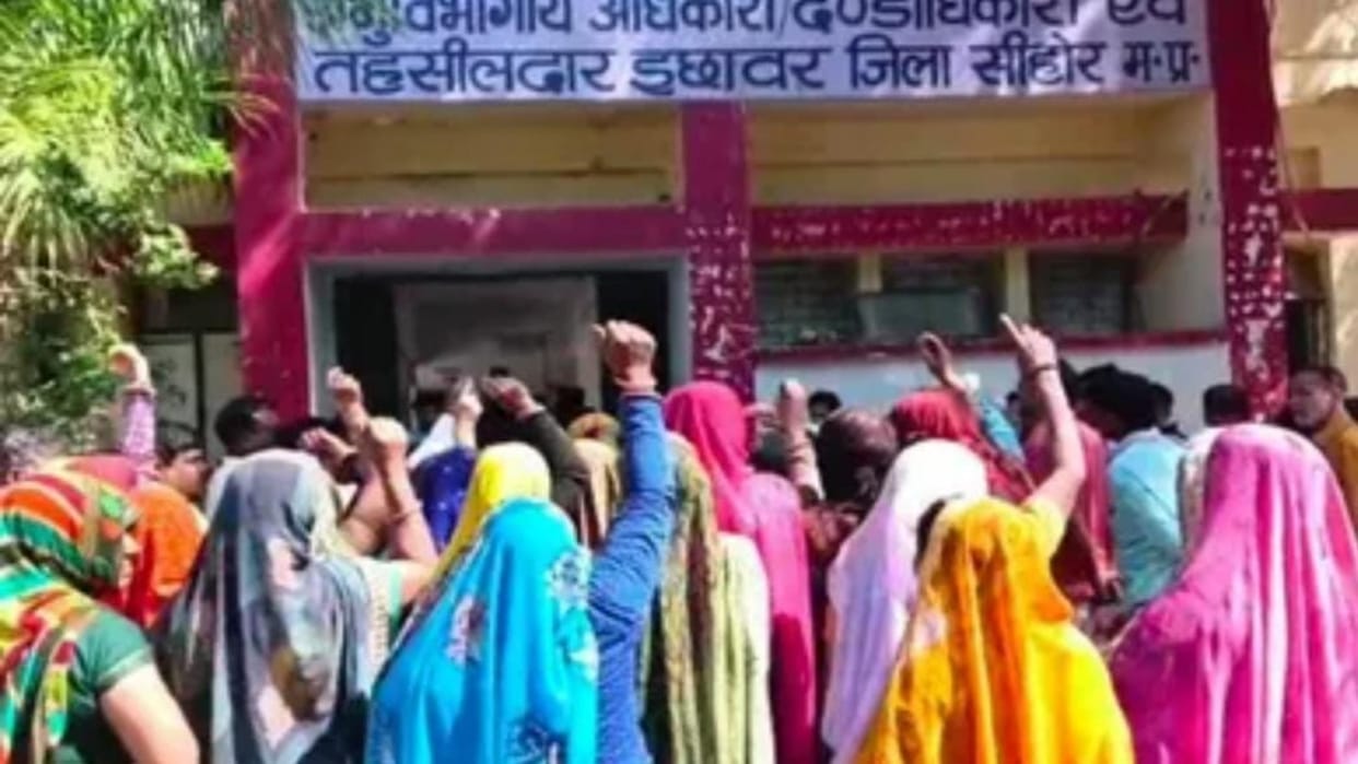 Women protest against bulldozer action in Sehore the home district of Chief Minister Shivraj Singh Chouhan