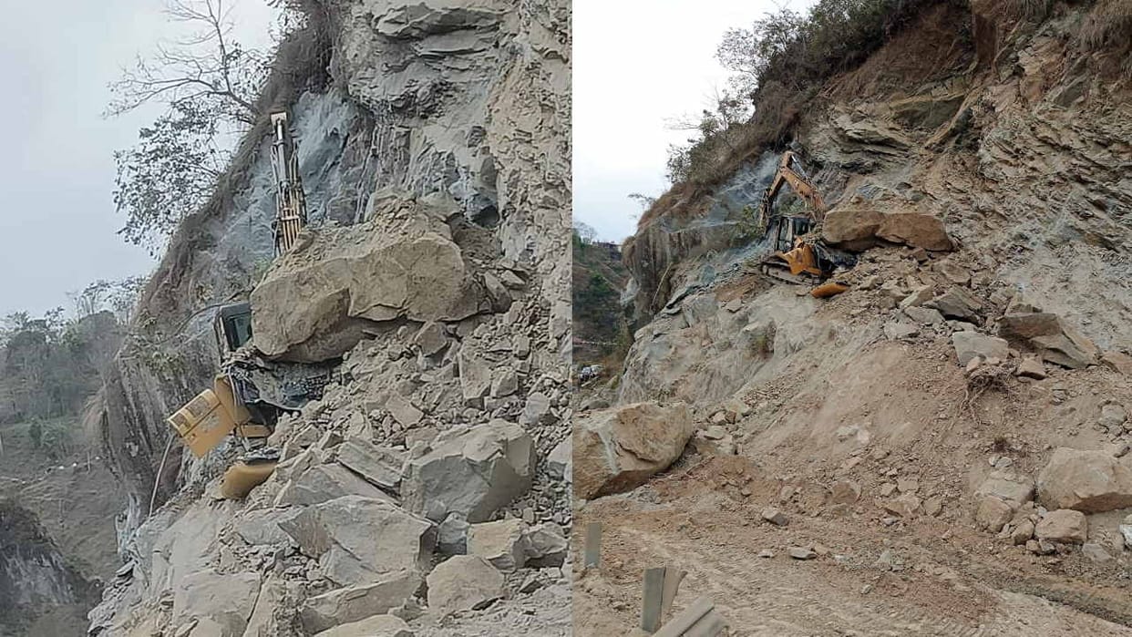 Sudden rock fall on Poklen engaged in doubling the road, completely damaged