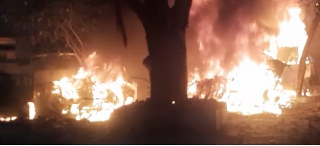 Seized vehicles standing outside the police post caught fire, burning vehicles created panic