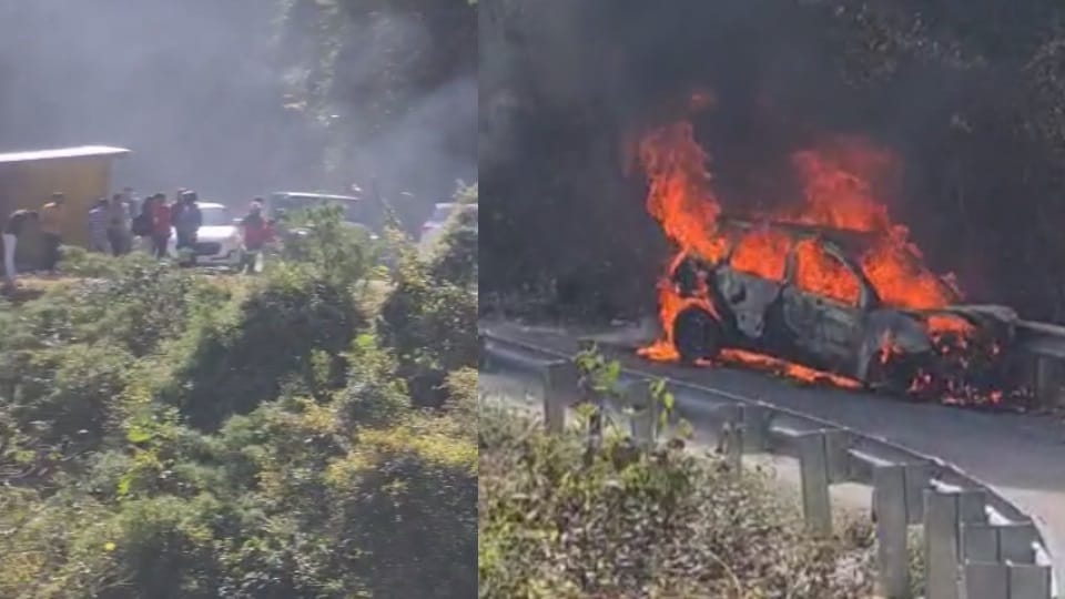 Dehradun: Haryana Tourist Ford Figo Car Caught Fire on Mussoorie Kimadi road