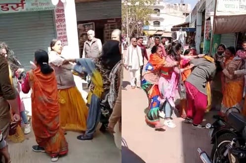 Women clashed in the middle of the road in a dispute over a house in Orai