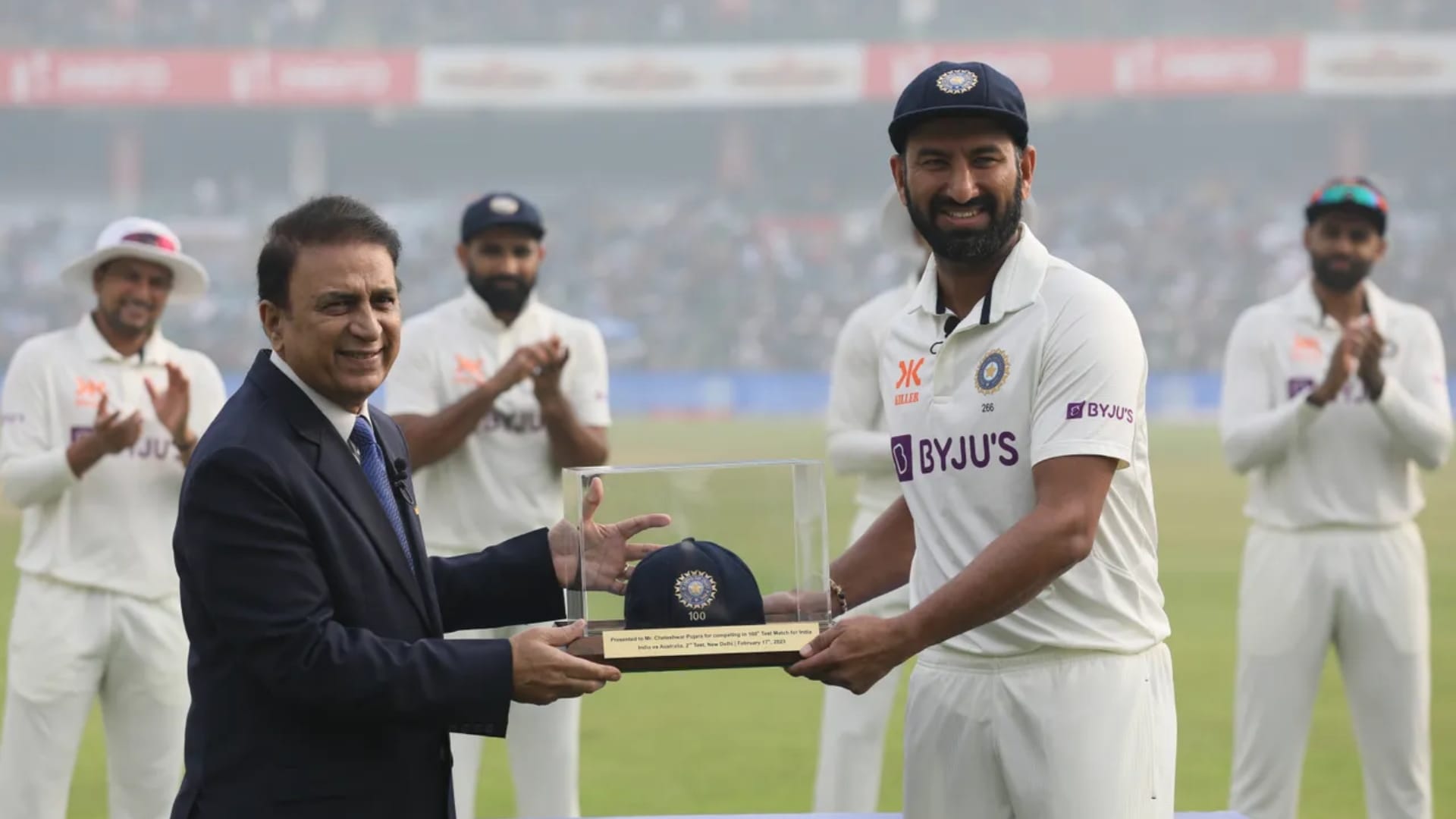 Video Cheteshwar Pujara 100th test Team India gave guard of honour Gavaskar handed special cap ind vs aus