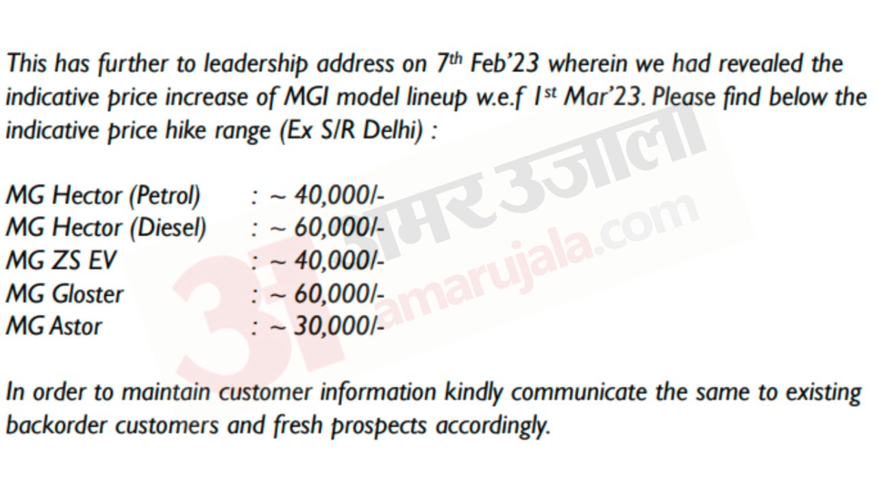 mg india price hike in march 2023 upto rs 60 thousand, hector astor gloster zs ev