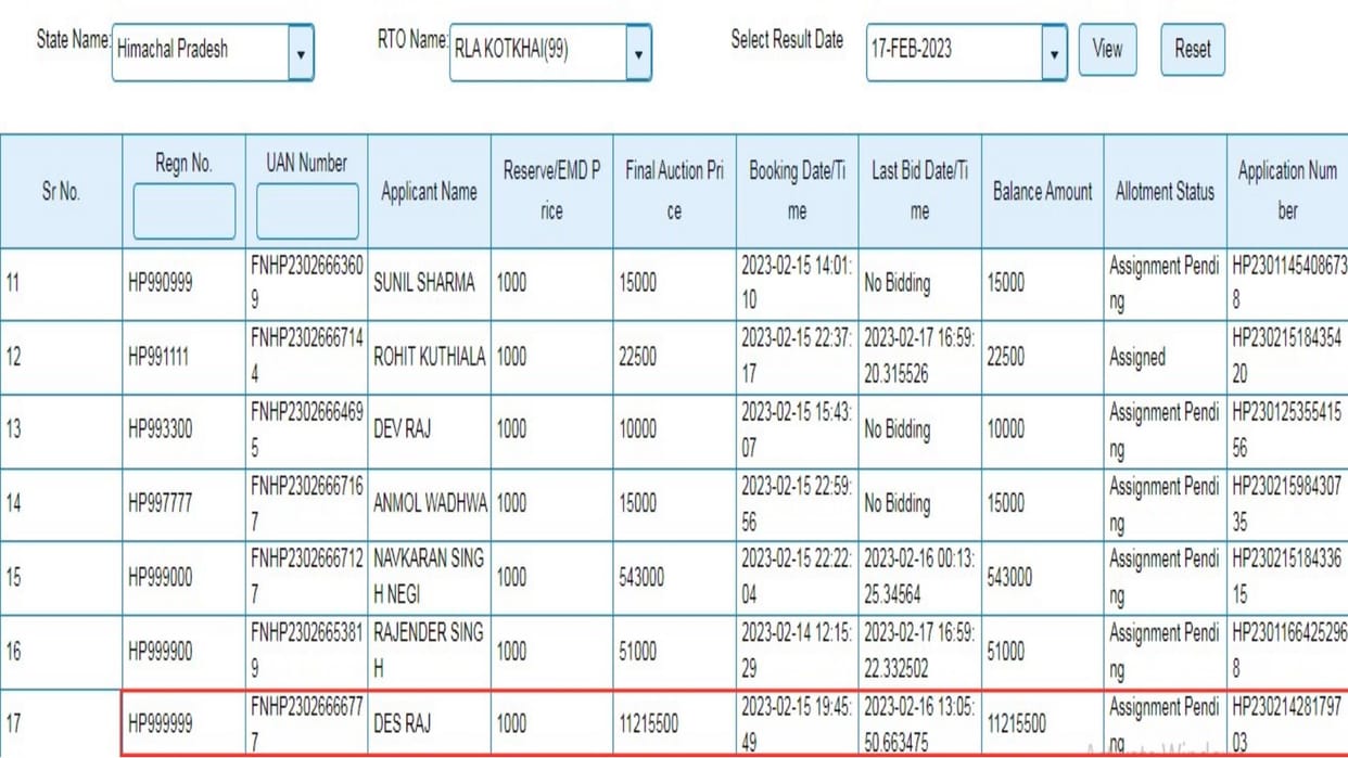 HP 99-999 numbers did not appear at number two