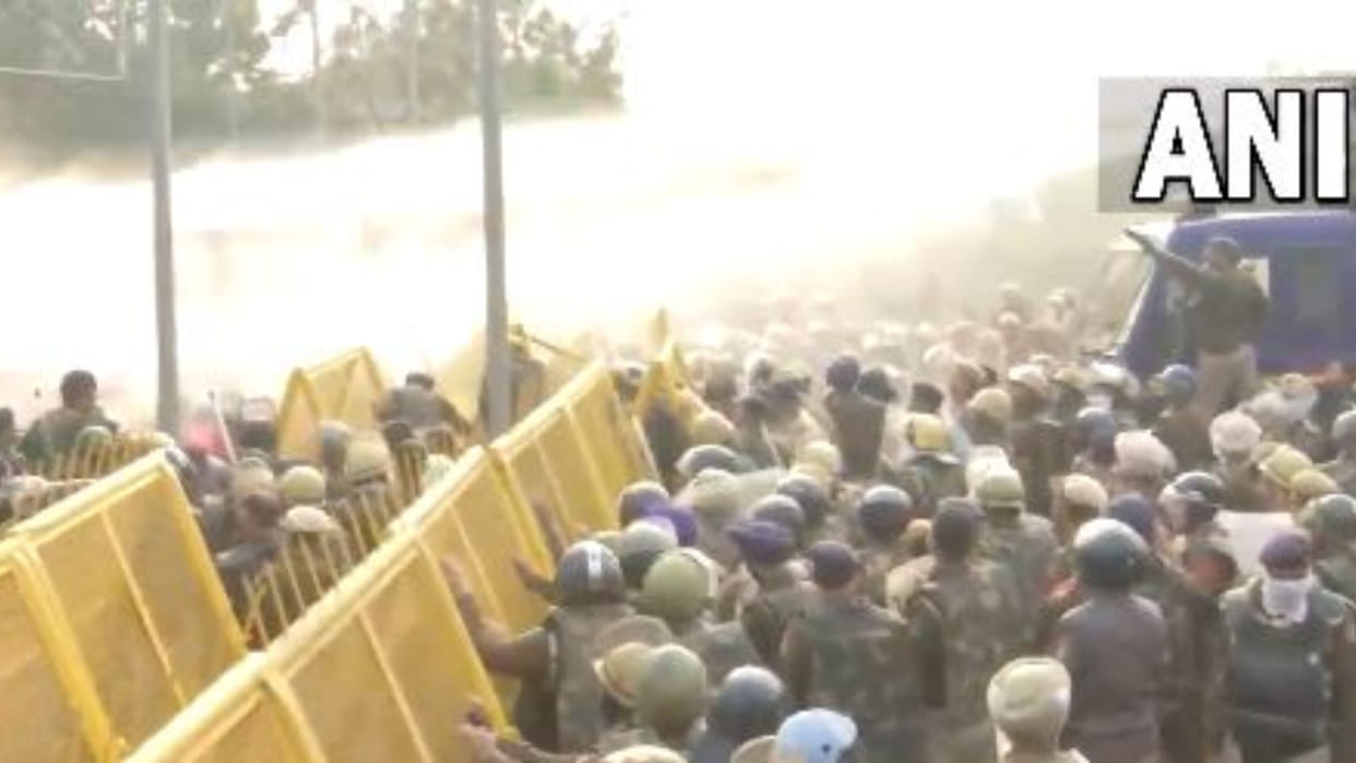 Water cannon used against Haryana govt employees who are protesting demanding restoration of OPS in Panchkula