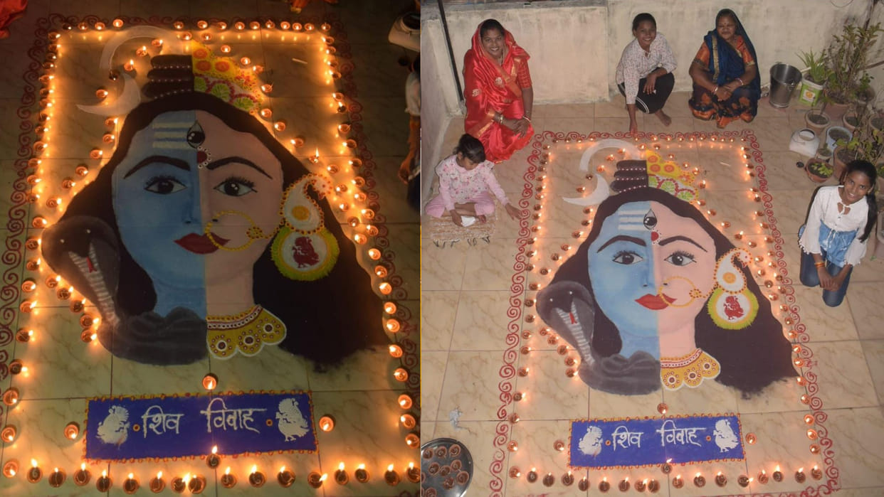 Mahi of Ujjain made seven feet long rangoli of Shiva marriage on the roof of the house decorated with 121 lamp