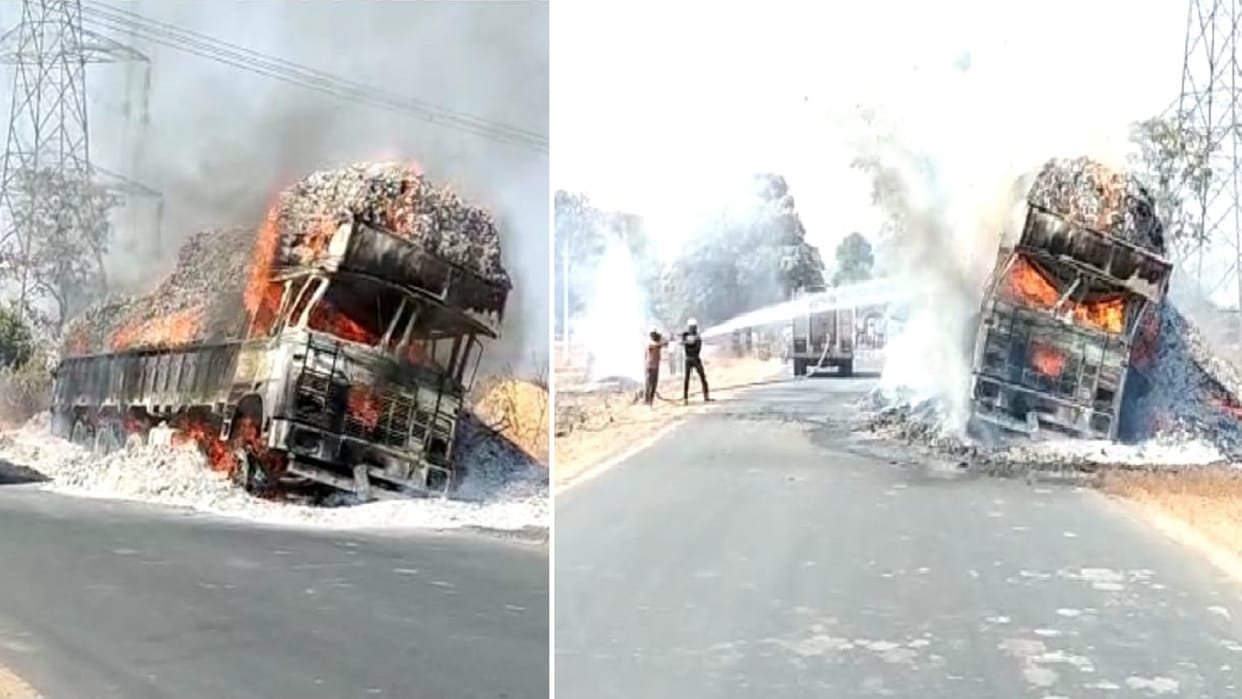 Truck caught fire due to short circuit on Katghora Amarkantak road