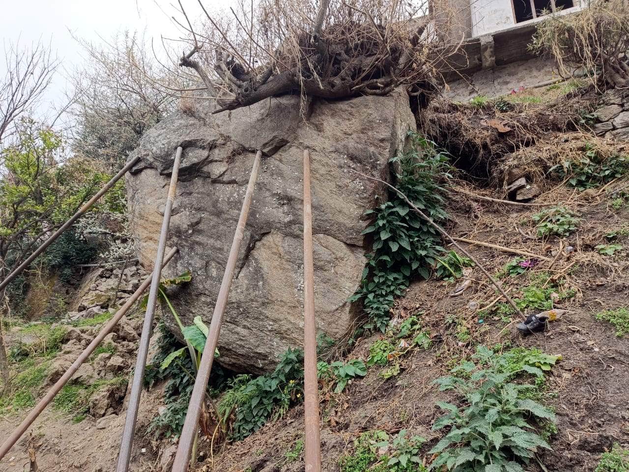Joshimath Landslide Cracks in ground under heavy boulder in upper area of Narasimha temple