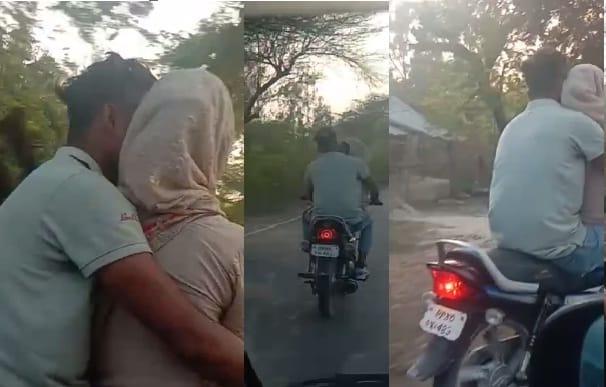 romance on bike seen in Hardoi, girl is sitting on her lap and Open love is going on
