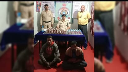 पुलिस की गिरफ्त में आरोपी और पकड़ी गई अवैध शराब।