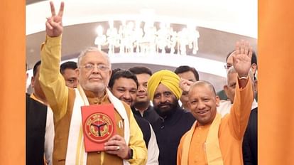 बजट पेश करने जाते वित्तमंत्री सुरेश कुमार खन्ना व मुख्यमंत्री योगी आदित्यनाथ।