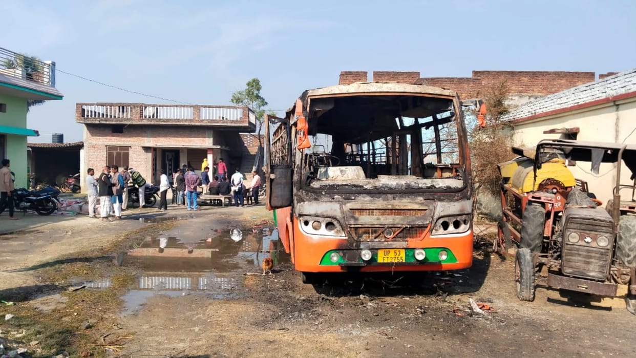 Fire broke out in a parked bus sleeping conductor died of burns