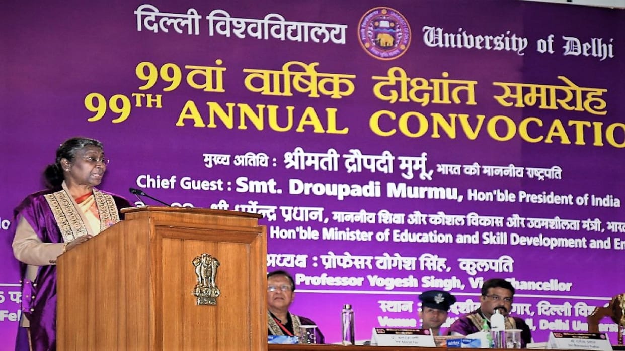 Delhi Universitys 99th Convocation President Draupadi Murmu presented medals to the students