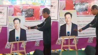 एलन मस्क की फोटो के सामरे अगरबत्ती दिखाता युवक।