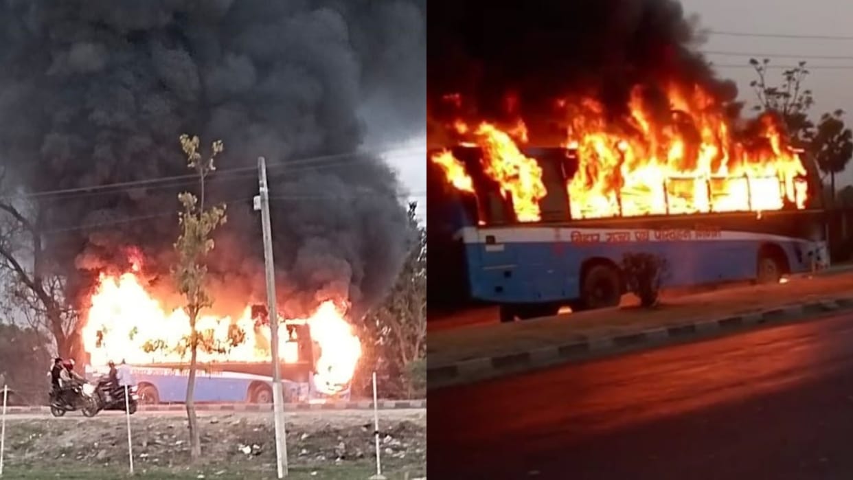 A moving bus caught fire in Hajipur of Vaishali flames kept rising for hours all passengers safe