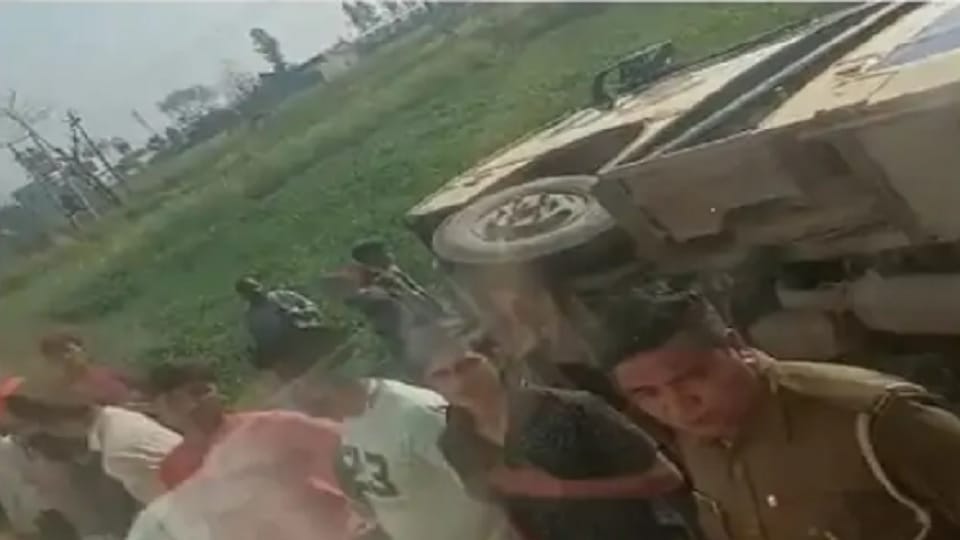 Unbalanced private school bus overturned in mines in Kaithal