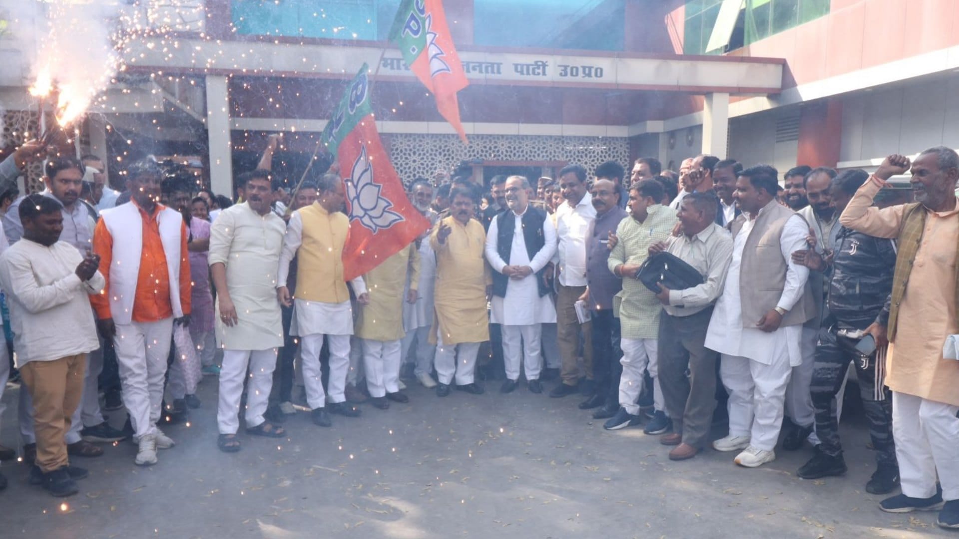 BJP activists celebrate the victory of party in Tripura and Nagaland.