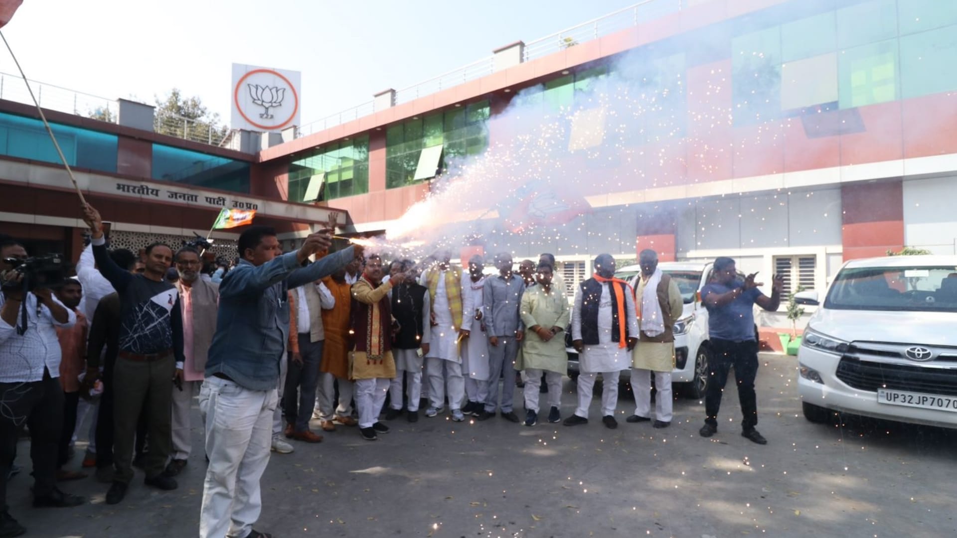 BJP activists celebrate the victory of party in Tripura and Nagaland.