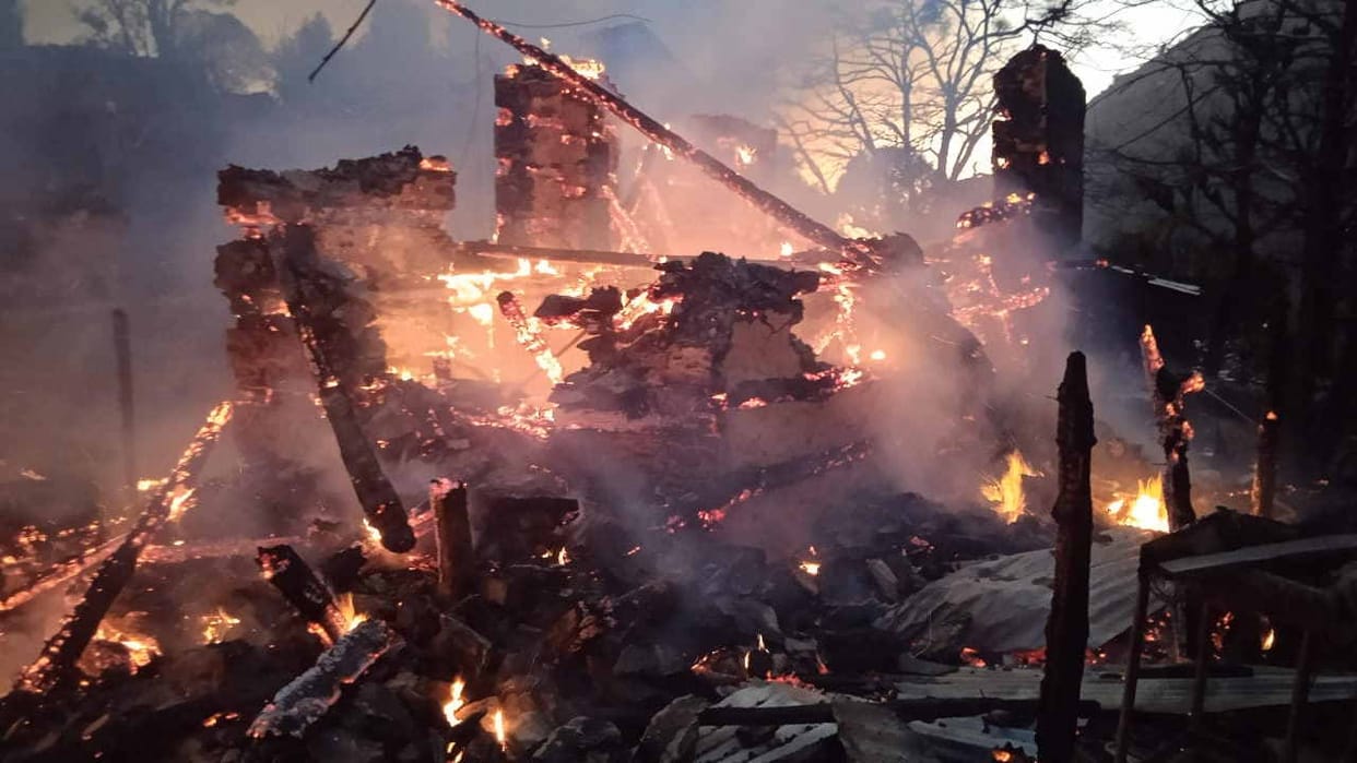 A massive fire broke out in Seraj Drashi Village, three houses and two cow sheds burnt to ashes, cattle also b