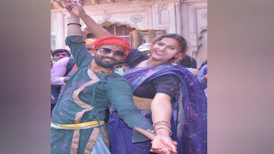 widows and destitute mothers played Holi of colors in Radha Gopinath temple In Vrindavan at mathura