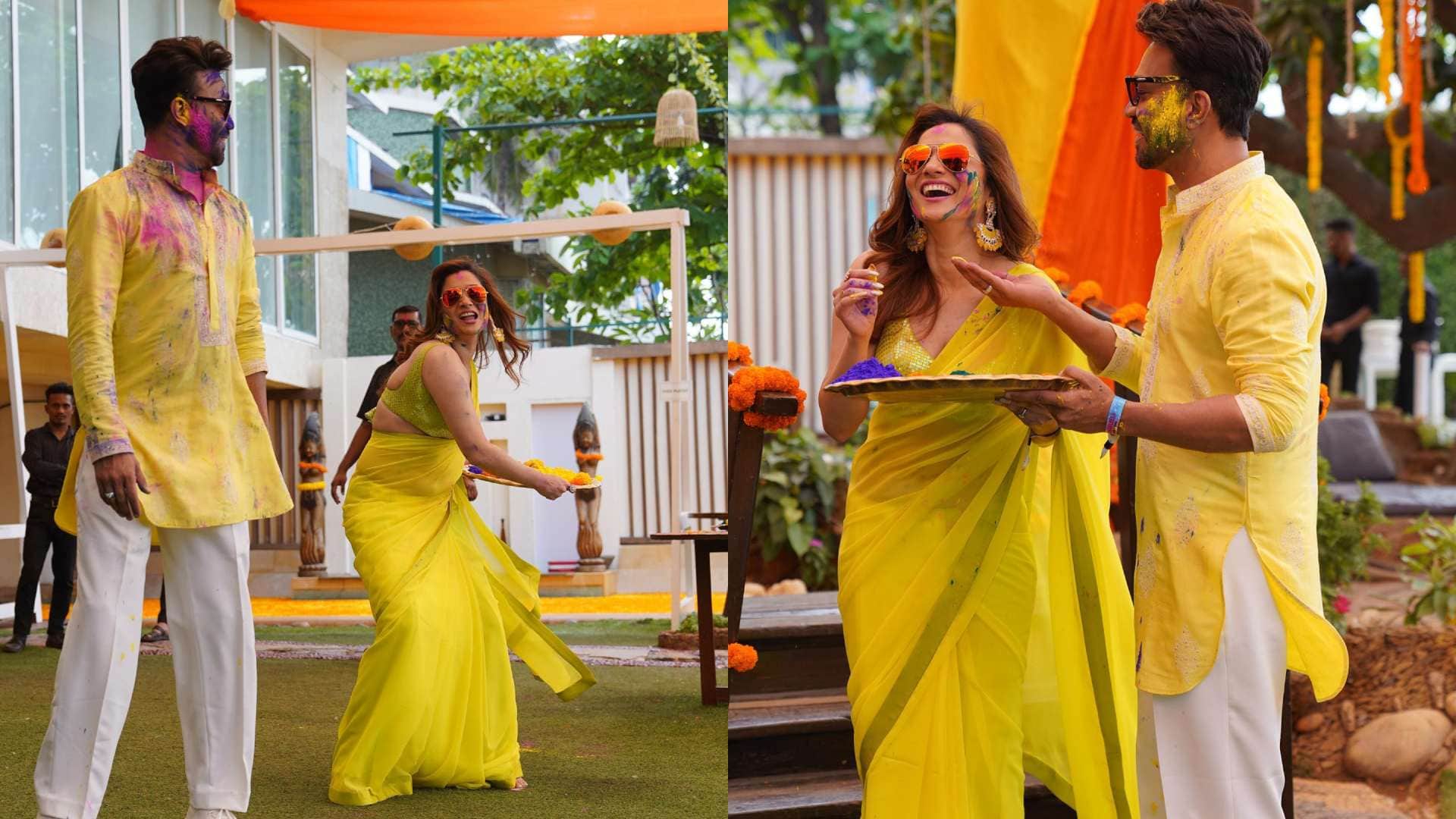 Holi 2023 Ethinic look of ankita lokhande with husband vicky jain in holi party