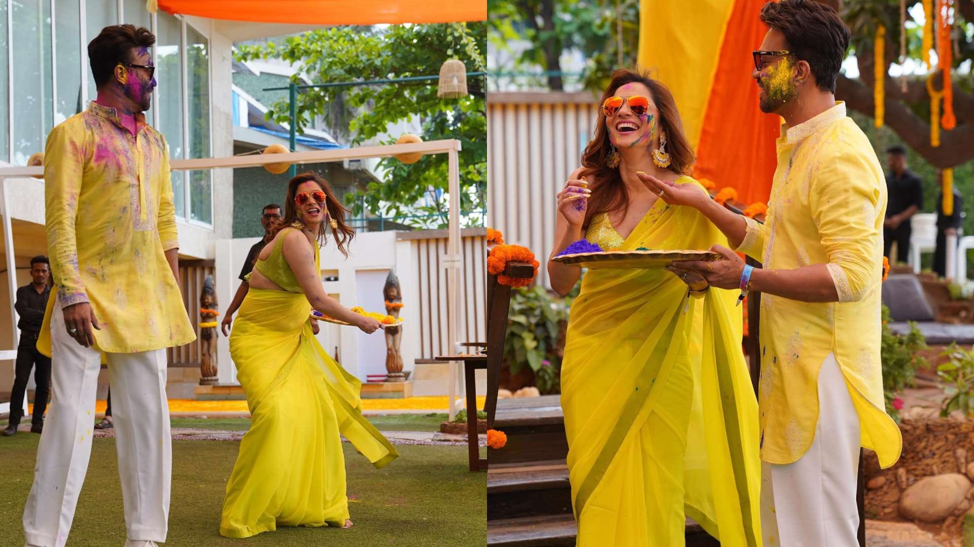 Holi 2023 Ethinic look of ankita lokhande with husband vicky jain in holi party